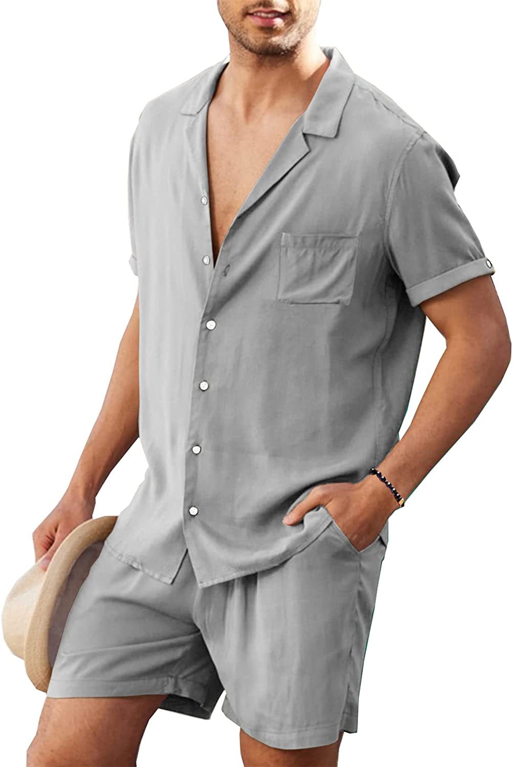 Men's linen short-sleeved shirt, linen summer loose casual cotton and linen cardigan shirt, shorts