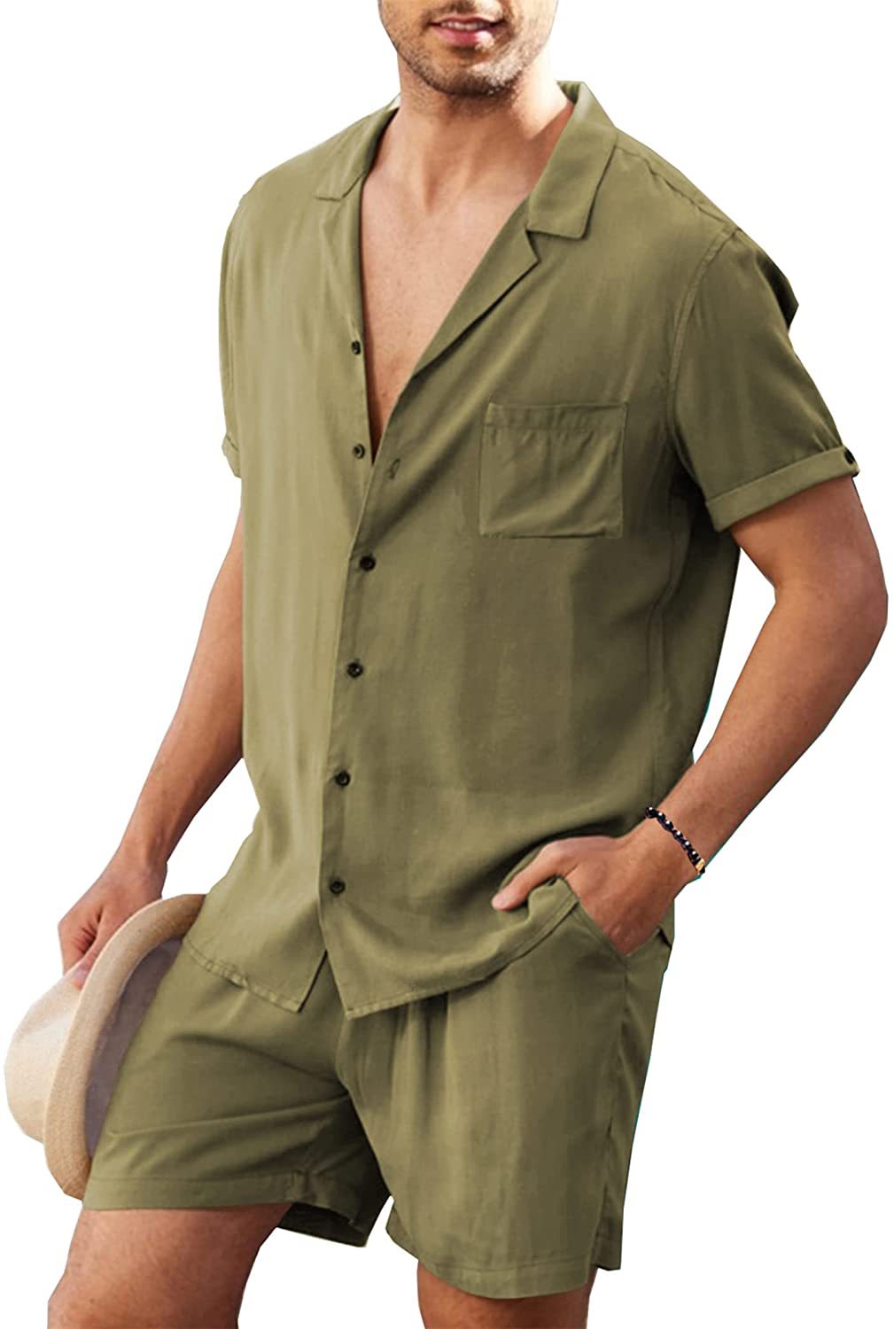 Men's linen short-sleeved shirt, linen summer loose casual cotton and linen cardigan shirt, shorts