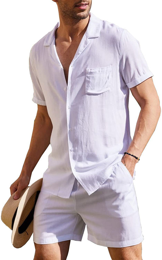 Men's linen short-sleeved shirt, linen summer loose casual cotton and linen cardigan shirt, shorts