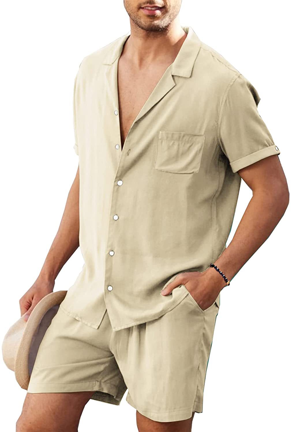Men's linen short-sleeved shirt, linen summer loose casual cotton and linen cardigan shirt, shorts