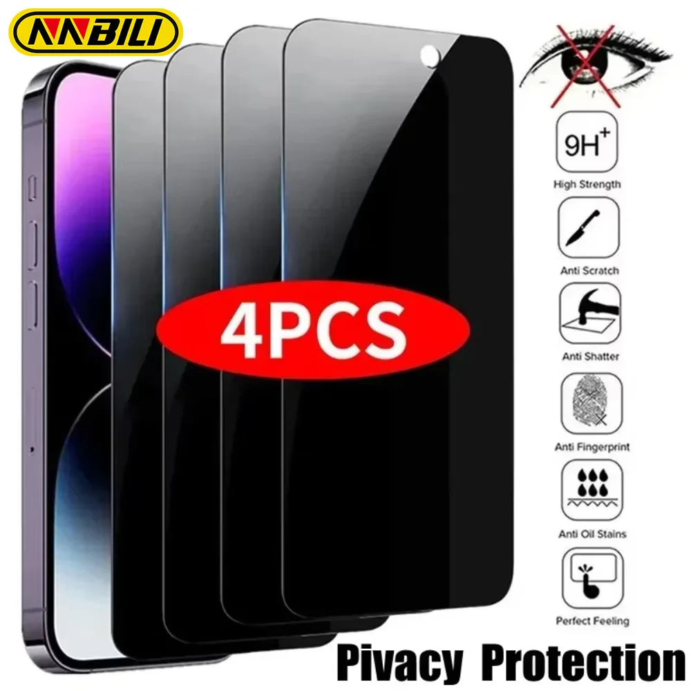 NNBILI 4Pcs Full Cover Privacy Screen Protector For iPhone 11 12 13 14 15 16 17 Pro Max Anti-spy Glass For iPhone16e 17Air Glass