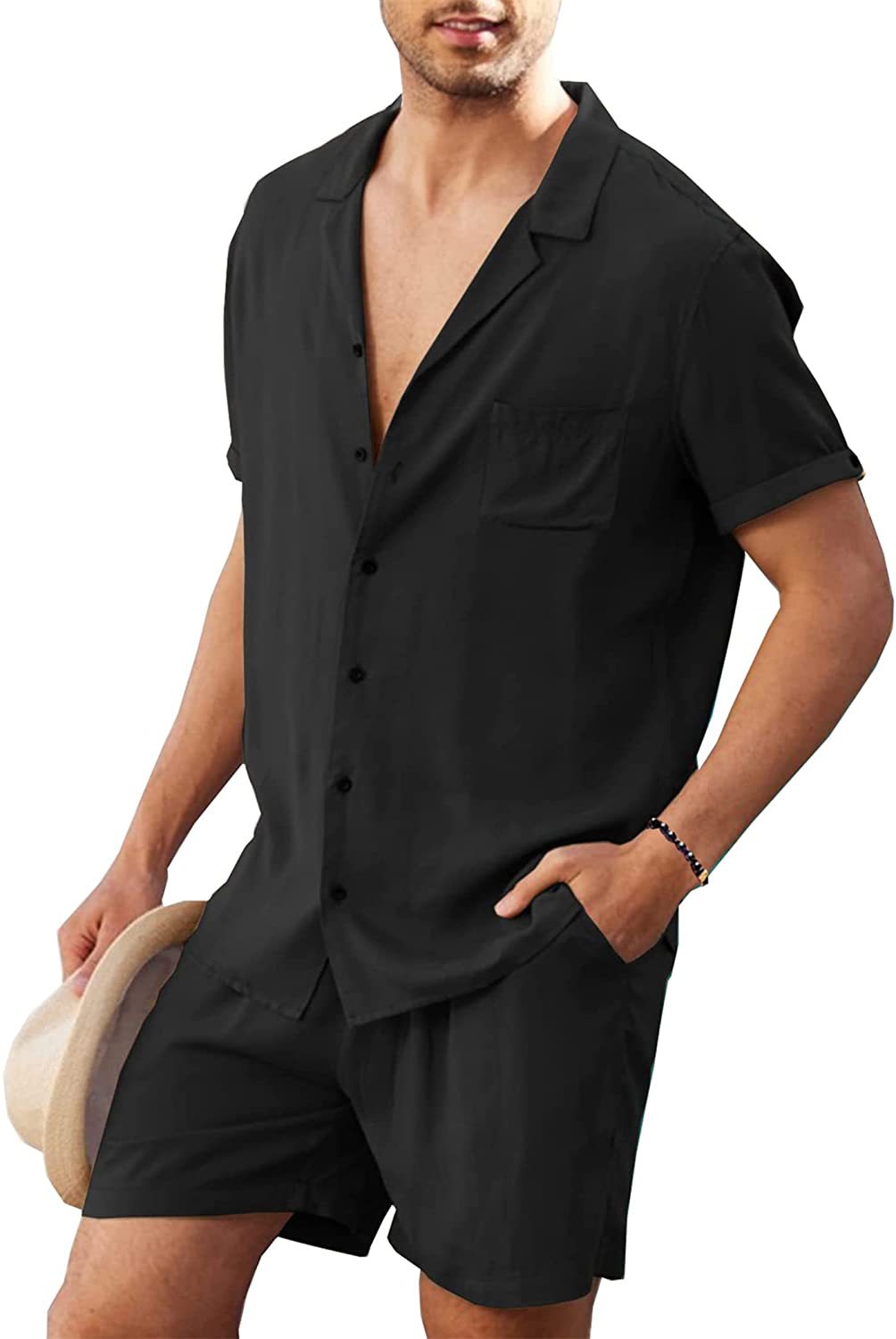 Men's linen short-sleeved shirt, linen summer loose casual cotton and linen cardigan shirt, shorts
